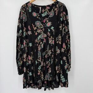 Free People Womens Boho Tunic‎ Dress Size M Black Floral Cottagecore Romantic